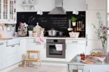 05 a cute white kitchen with a chalkboard backsplash and a mint dining set for a chic look