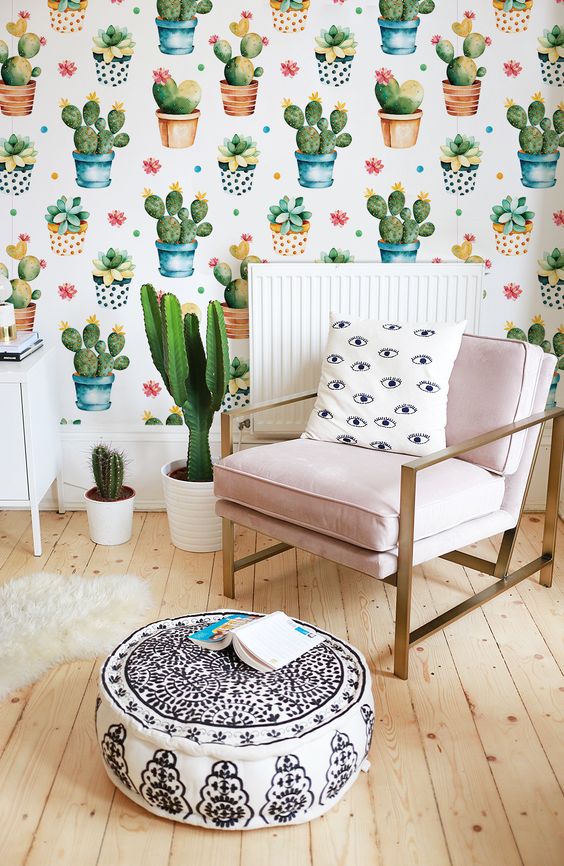 quirky and whimsy cactus print wallpaper for a boho chic living room, cacti in pots highlight it