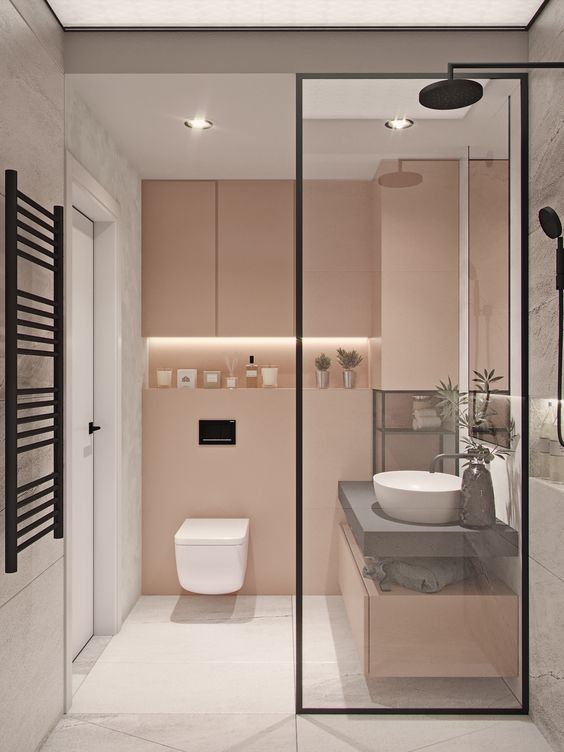 blush walls and cabinets plus white marble for a modern and laconic bathroom