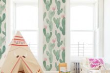 08 watercolor is very trendy, and watercolor cactus print wallpaper is a dreamy option for a kid’s room