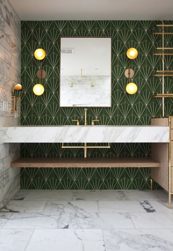 art-deco green and gold mosaic tiles for creating a bold and elegant statement wall and marble add a luxury
