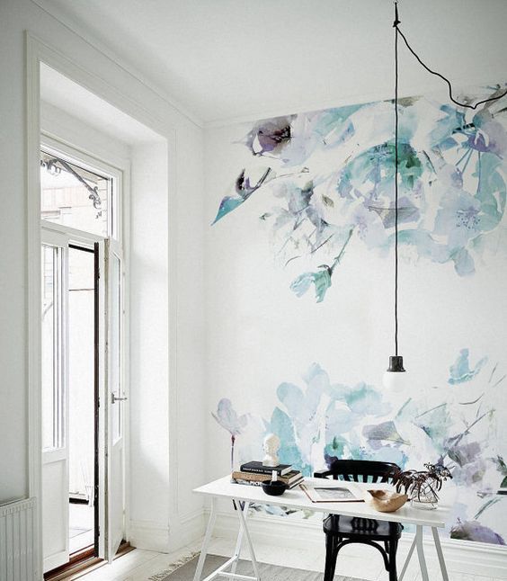beautiful watercolor floral wallaper to accent the workspace