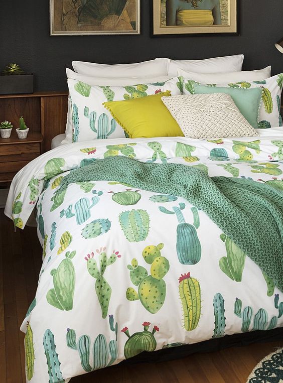 cactus print bedding with mustard touches and a matching pillow will make your bedroom more boho-like