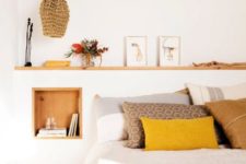 15 a neutral bedroom infused with light-colored wood, wicker and bright yellow touches