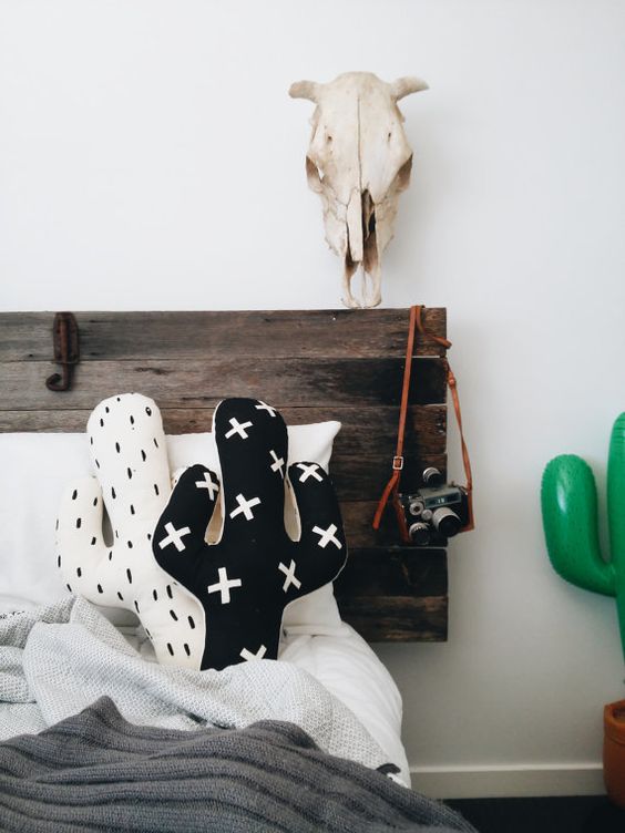 black and white cactus pillows are ideal for a monochrome boho space