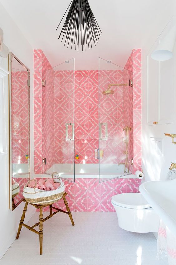 bold pink printed tiles for accenting the shower zone and creating an ultimate glam look