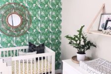 20 a palm leaf print statement wall, a woven mirror, printed textiles and white furniture
