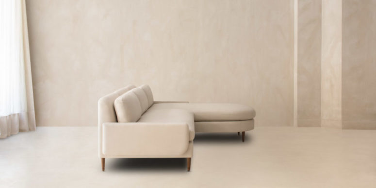 This L-shaped couch is a modern take on a usual L-shaped sofa, it features rounded angles and modern armrests