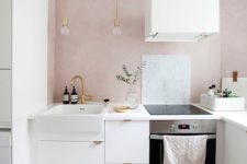 why not add a quartz pink backsplash to spruce up your neutral kitchen, it’s a trendy solution
