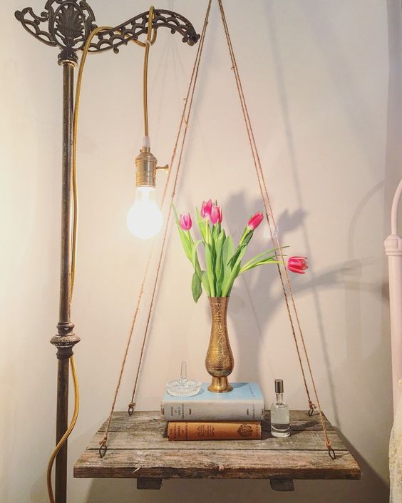 a shabby chic bedside table of twine and wood for a vintage or shabby chic bedroom
