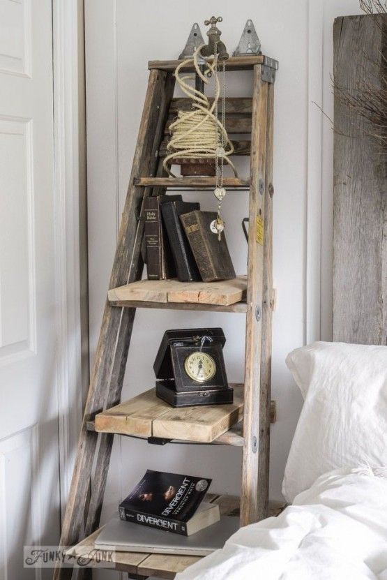 a vintage rustic ladder brings much open storage and looks very eye-catchy
