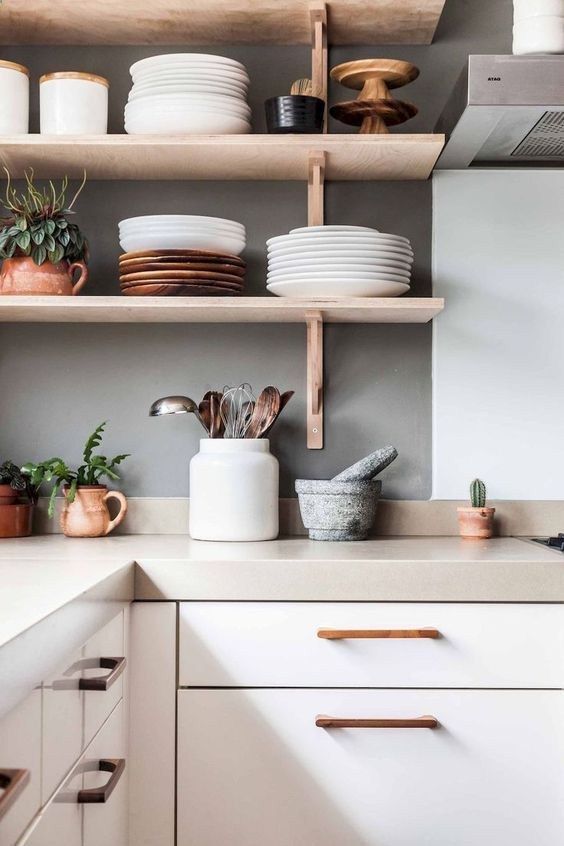 graphite grey backsplash plus grey countertops and wood for an amazing kitchen