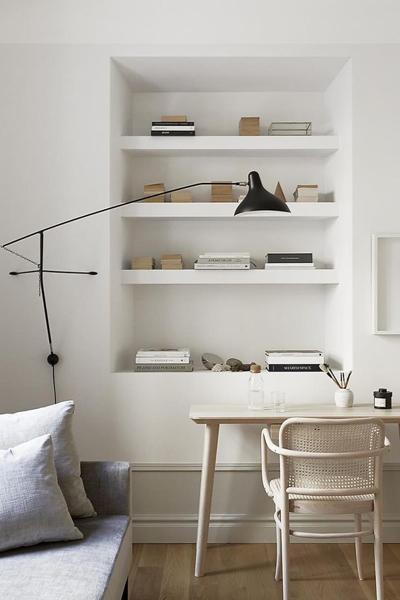 place a convertible sofa and a small lightweight desk plus built-in shelves to save much space