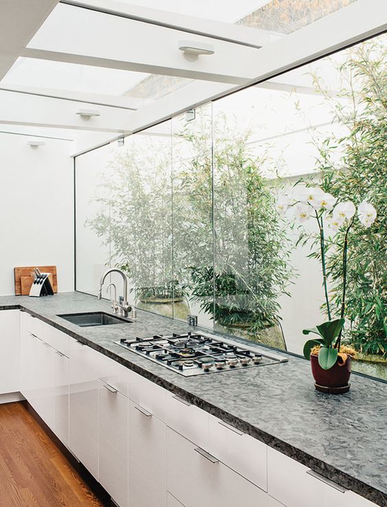 skylights and a large window fill the kitchen with light and make it feel like outdoors