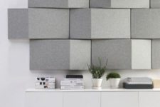 08 soundproof your space with geometric felt panels on the wall that will add a catchy touch at the same time