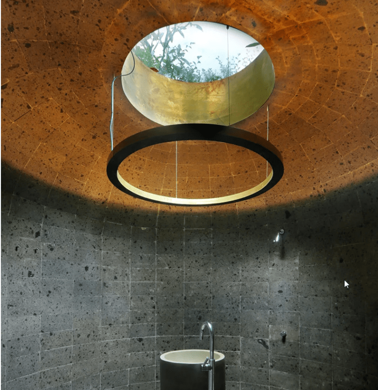 creative powder room design A powder room features a unique ceiling with a hanging structure to highlight it