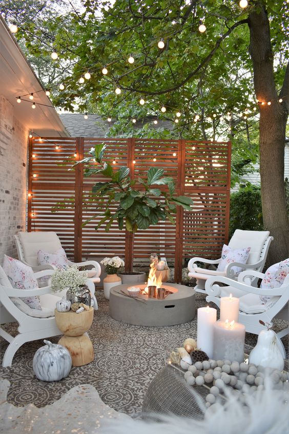 a wooden plank screen can be spruced up with a couple of planters and lights over the screen to look cool