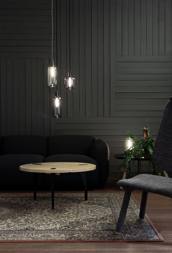 graphite grey plank wall done in a geometric pattern for a structural and textural look