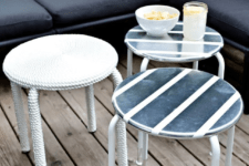 17 IKEA ROXO stools revamped with rope and metallic vent tape for a nautical feel in your backyard
