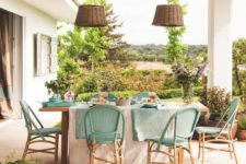 18 wicker turquoise chairs and wicker lampshades for a sweet rustic space with a Mediterranean feel
