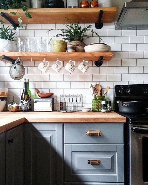 Dark Gray Kitchen Cabinets With Butcher Block Countertops