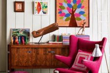 bright ottoman combined with a bright char in a neutral decor