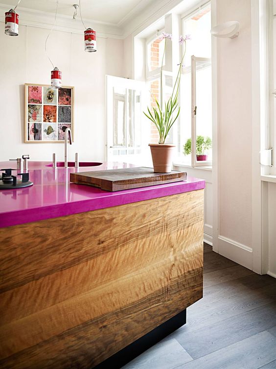 add a magenta countertop to your usual kitchen island and spruce it up with a cool color