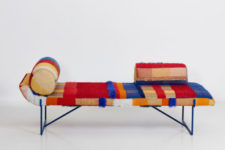 01 Loom is a colorful and bold chaise longue with a throw done with textural upholstery inspired by the 1950s and 1960s