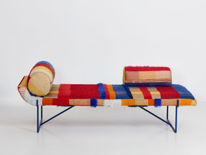 Loom is a colorful and bold chaise longue with a throw done with textural upholstery inspired by the 1950s and 1960s Loom is a colorful and bold chaise longue with a throw done with textural upholstery inspired by the 1950s and 1960s