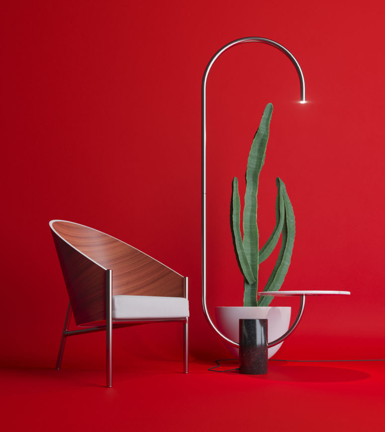 This bold and modern piece is Bijou, a unqieu combination of a floor lamp and table, a super functional piece