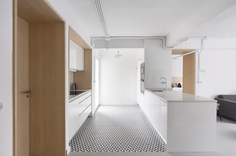 geometric flooring in a kitchen The kitchen is done with sleek white cabinets, a geometric floor and light-colored wood surfaces