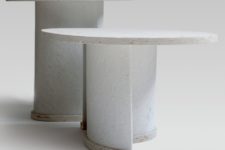 02 The tables are made of stone and chaud, which includes recycled paper