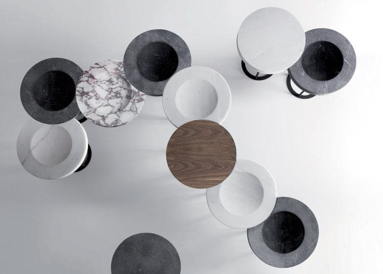 The piece is available in wood and marble of different shades and textures and in full or partial circles The piece is available in wood and marble of different shades and textures and in full or partial circles