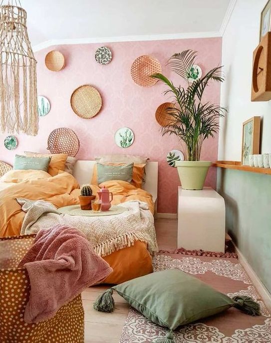 wicker baskets on the wall, a macrame chandelier and tassels and fringe for a bright boho space