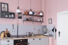 05 pink walls and shades of grey are a perfect combo for any kitchen and black touches add depth