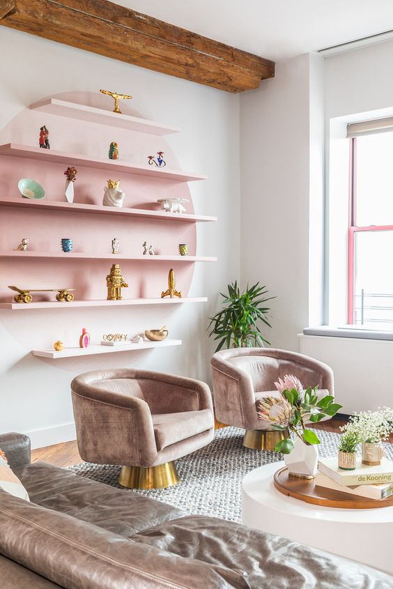 a very softly colored space with dusty pink as the main color and bright pink as an additional one
