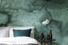 07 a dark green watercolor accent wall is a great statement in this bedroom, add a matching piece like a pillow here