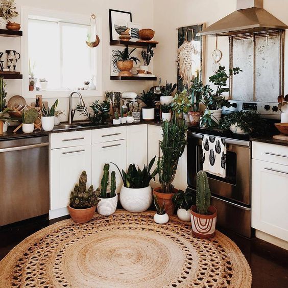 pull off a boho look with potted plants and succulents, a jute rug and some wicker touches here and there