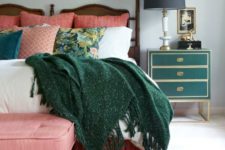12 a chic art deco green and gold nightstand and a matching comfy blanket