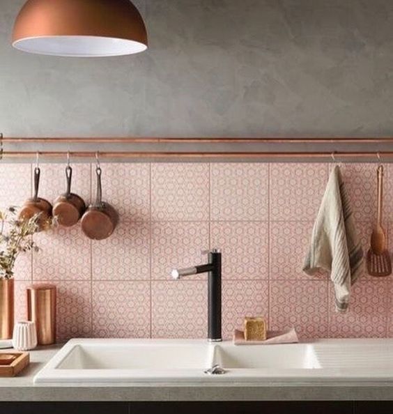 25 Chic Ways To Rock Pink In Your Kitchen Digsdigs A Pink Printed Tile Backsplash Spruced Up With Copper Touches For Stylish Look