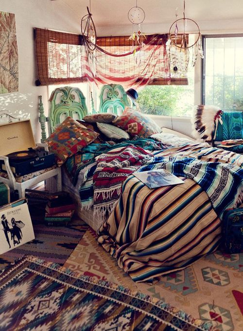 a lot of bright printed textiles and some feather dreamcatchers for creating a free-spirited look