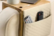 14 a plywood sofa caddy with a fabric pocket is suitable for storage and for drinks and gadgets