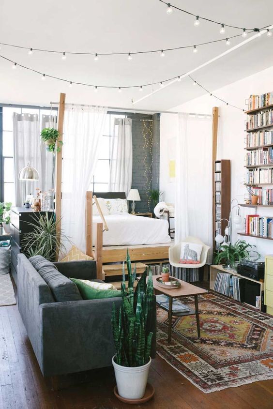 a small open layout spruced up with potted greenery and succulents, lights and boho rugs