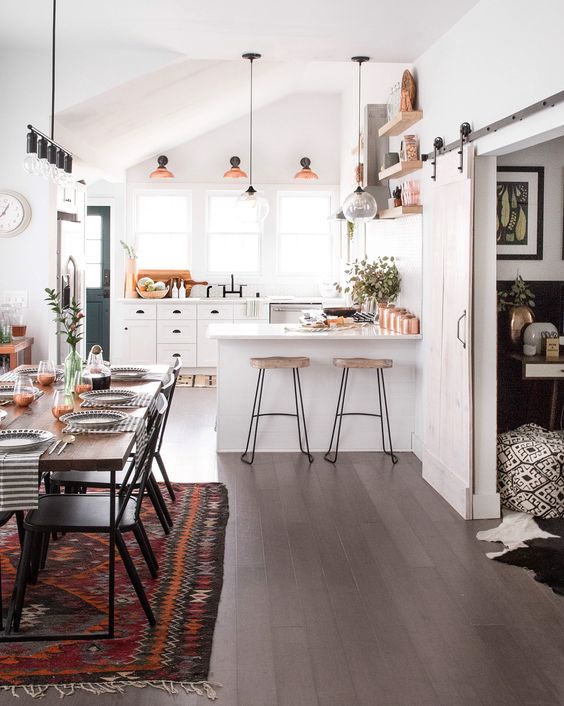 copper touches and boho textiles are a bold and cool idea for a kitchen-dining space layout