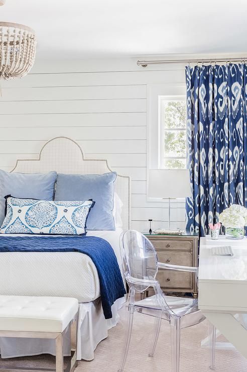 blue printed textiles are optimal for creating a coastal bedroom or a beach space