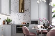 25 pale pink chairs add color to the monochromatic kitchen with metallic touches