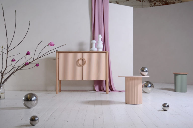 Ridge furniture collection is made of corrugated iron and is softened with pastel shades