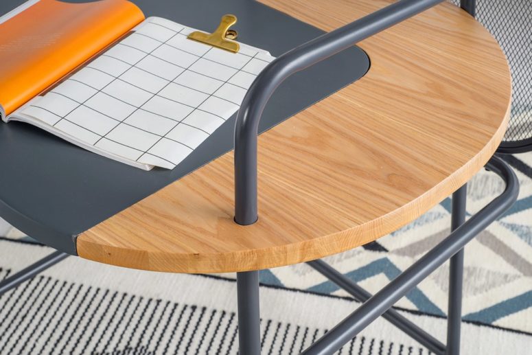 The desk is made of plywood and metal painted grey with a matte finish