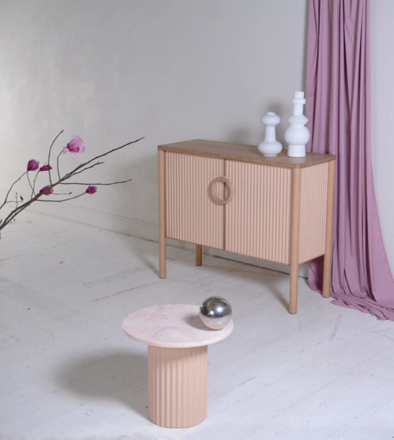 The tops of each piece are wooden or stone ones and are a perfect match