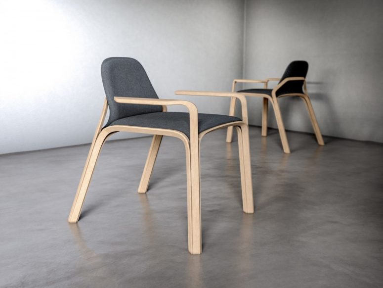 The chair is made of oak and dark grey felt, which contrast each other